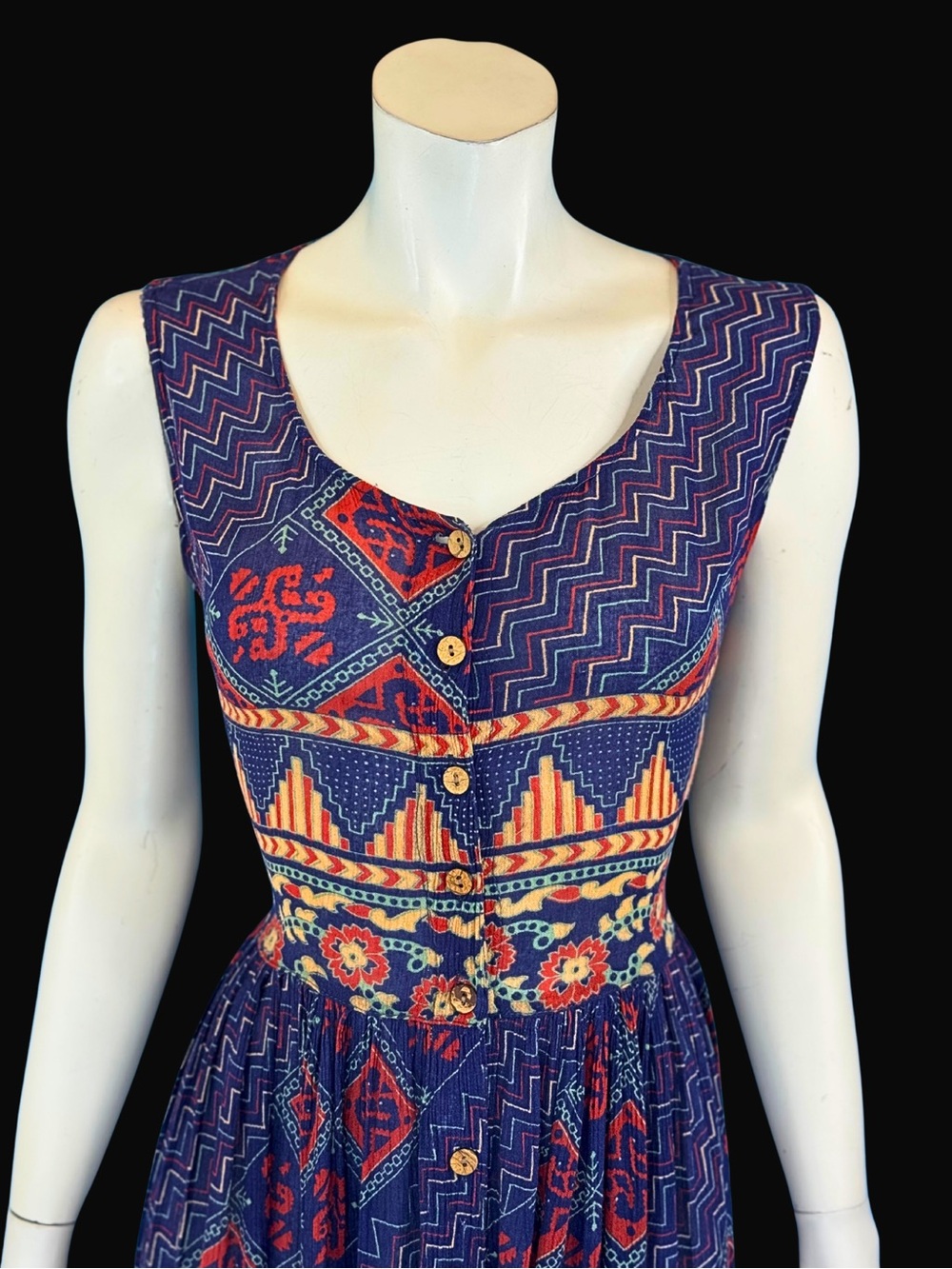 90s Rayon Boho India Print Button Front Mxi Festival Dress | M